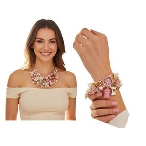 Betsey Johnson Baking Bib Necklace & Charm‎ Bracelet Pink Gold Tone Charms NEW